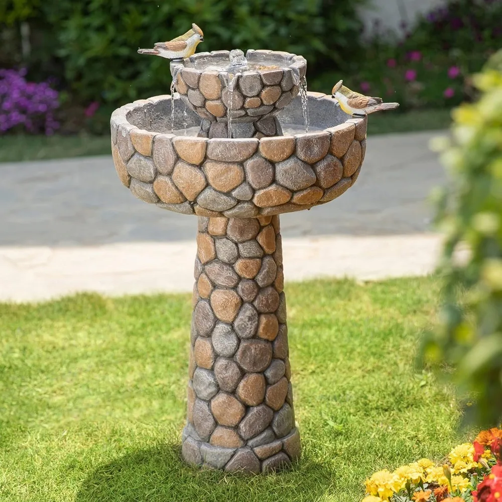 

2-Tier Stone Like Outdoor Water Fountain with Birds, Bird Bath Outdoor Waterfall Fountain Decor, Freestanding Water Fountains