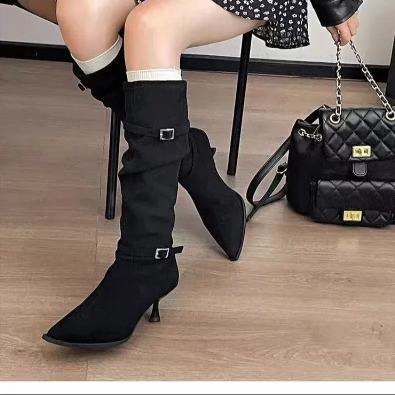 Autumn Winter Fashion 2026 Women Knee-High Boots Pointed Toe Boots Women Wrinkle Thin Heels Party Stripper Zapatos De Mujer 332
