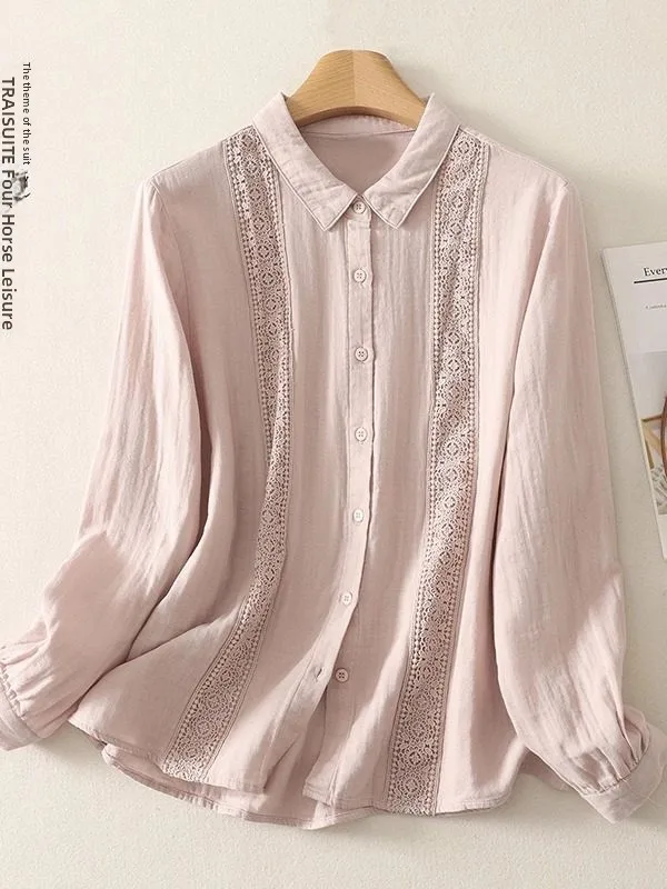 

Женская рубашка большого размера для весеннего повседневного образа, с кружевной отделкой, двухслойными длинными рукавами, на пуговицах, дышащая, повседневная