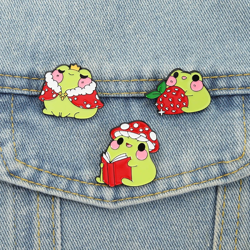 Niedliche Frösche Prinzessin Emaille Pins Erdbeere Pilz Bücherwurm Broschen Revers Abzeichen Cartoon Froggy Schmuck Geschenk für Freunde