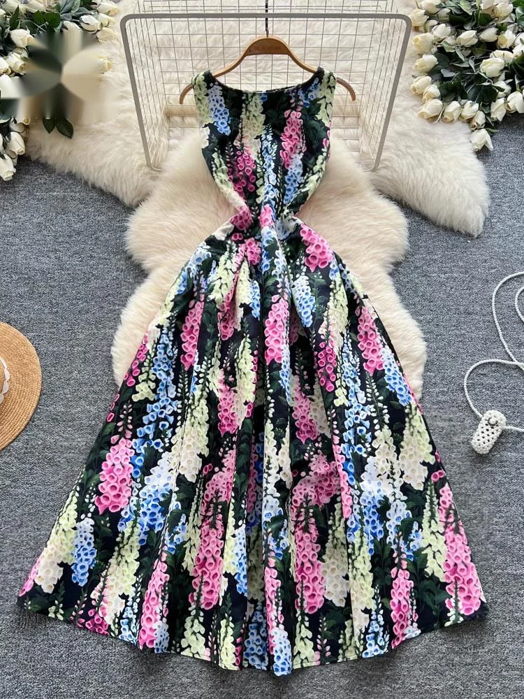 

Элегантное летнее платье с цветочным принтом, без рукавов, на молнии, высокого качества, приталенное, для отпуска и вечеринок