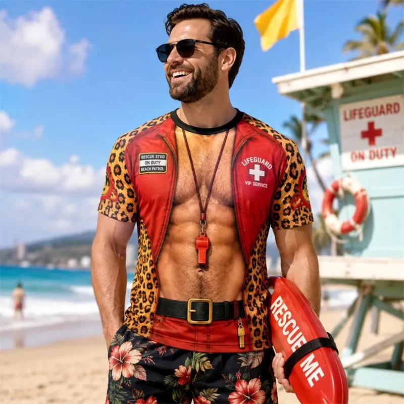 Funny Mens 3D Fake Muscle Chest Tee Shirts Leopard Fake Unbuttoned Shirt Print Short Sleeve Casual Summer Hawaiian Beach Tops