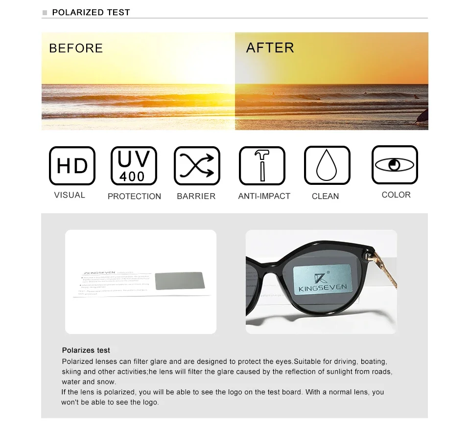 KINGSEVEN Mode Frauen Sonnenbrille Polarisierte UV400 Objektiv Luxus Fahren Runde Große Rahmen Gläser Legierung Cat Eye Weibliche Brillen – Detail 11