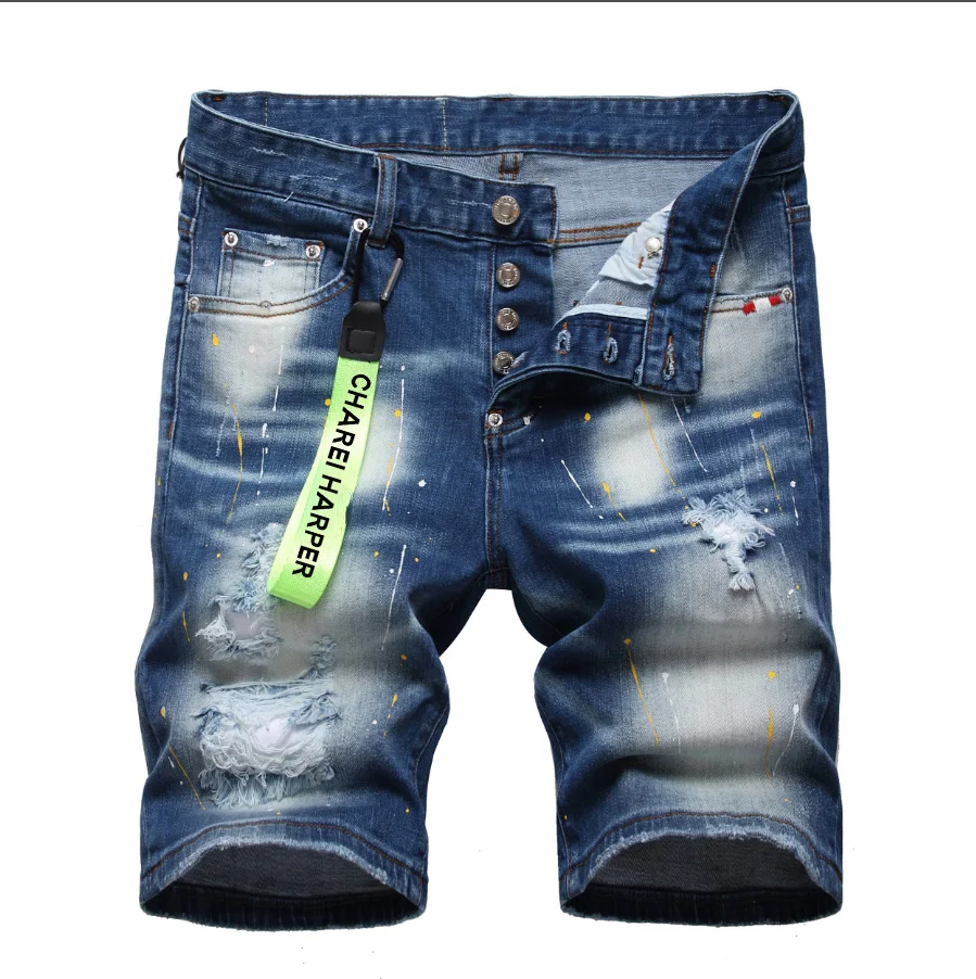 100 chareiharper 2024 Mannen Stretch Skinny Denim Shorts Hoogwaardige Luxe Merk Mannen Straat Slim Fit Jeans Mannen Klassieke