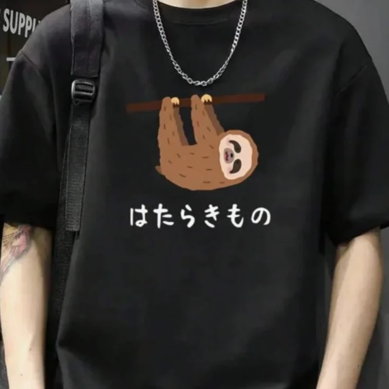 Sloth Pattern and Japanese Pattern Black T-Shirt Women's New Summer Casual Crew Neck Short Sleeve T-Shirt Casual Cartoon Top Y2K