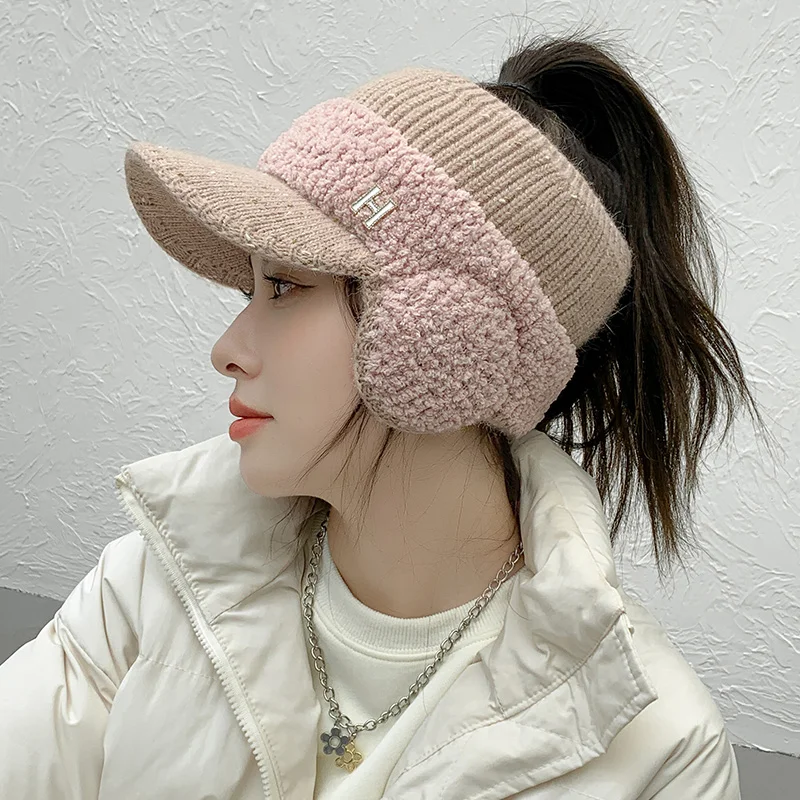 CNTANG-gorras de béisbol con orejeras para mujer, gorro de punto de lana de cordero, grueso y cálido, tendencia de moda, otoño e invierno, 2024