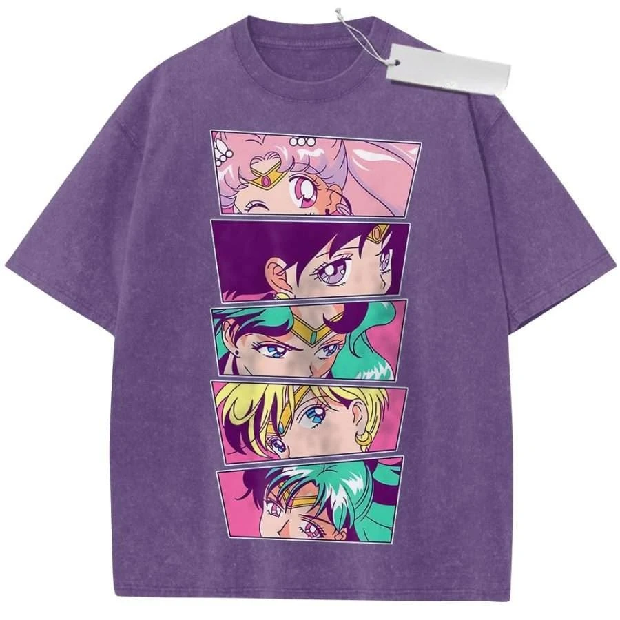 T-Shirt Sport-T-Shirt Kurzarm-T-Shirt Lila Unisex Reine Baumwolle Gewaschen Retro Anime Sailor Moon Mädchen-Print