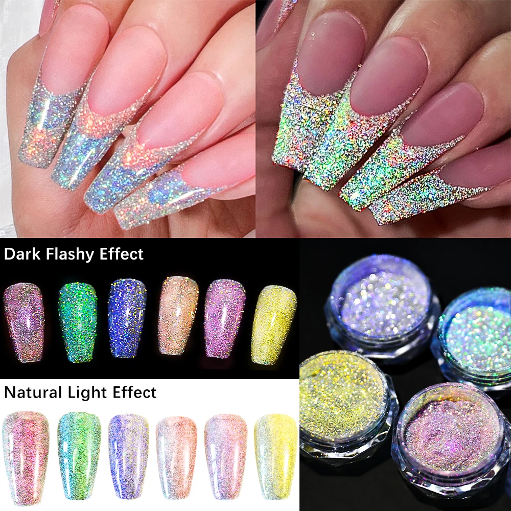 0,3 g/Box Aurora Crushed Diamond Glitter Nail Art Pulver Ultradünne polarisierte Chamäleon Chrom Pigment Holo Maniküre Reibstaub