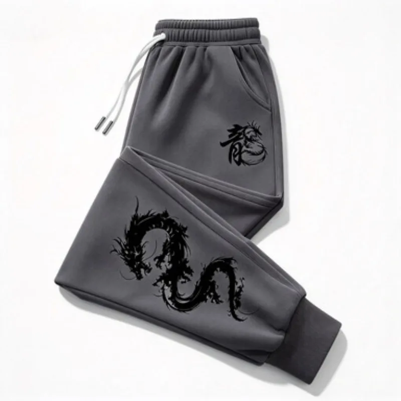 Unisex Jogginghose mit chinesischem Drachen-Grafikdruck, für Damen und Herren, locker geschnitten, weiß, mit Kordelzug, lässige Streetwear-Trainingshose. – Detail 2