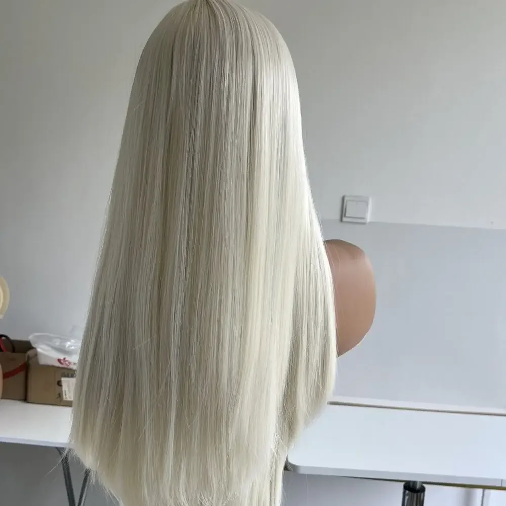 Wig lurus panjang pirang Platinum tahan panas sintetis dengan poni