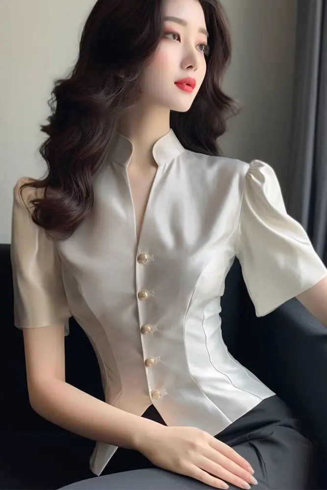 

​​Women's Acetate Satin V Neck Draped Waist Shirt Summer 2025 Premium Minimalism Modern Utility Blouse Designer Edit​​