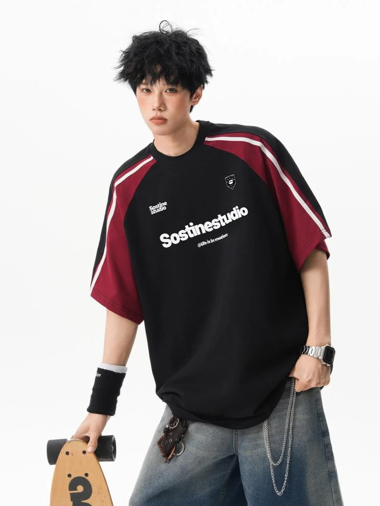 Retro Heavyweight Spliced Color Block Short Sleeve Unisex Summer Trendy School Style Letter Print Couple Half Sleeve T-Shirt
