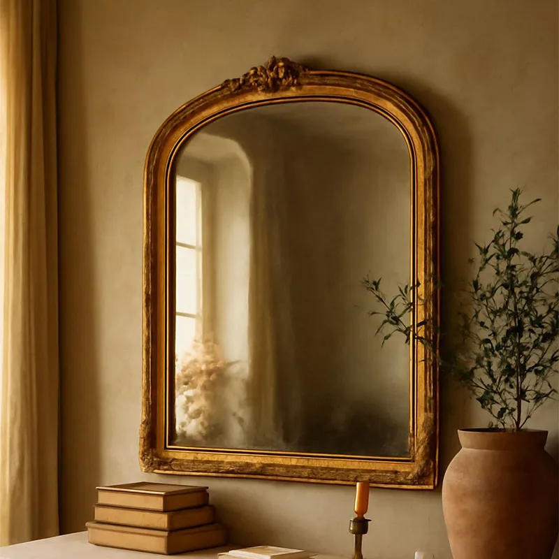 & Custom Wood Mirror American Vintage Vanity Wall-Mounted Square Smart Makeup French-Style Minimalist LED Light Living Room Ome