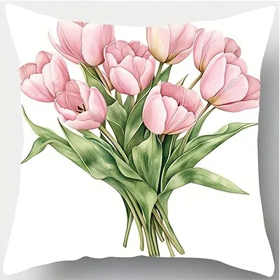 Pillow cover luxury Pillow case 45cmx45 cm Pink Tulip & Floral Pillowcase ,Sofa bedroom cushion cover, single-sided printing