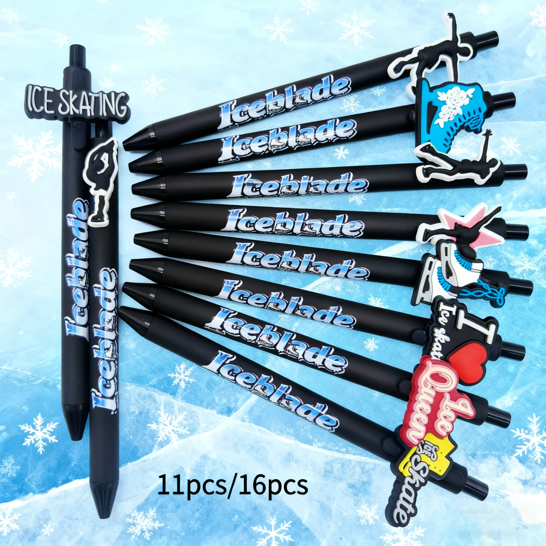 

11 шт./16 шт., шариковая ручка с тематическим принтом для катания на коньках, черная серия, канцелярские принадлежности, подарок, офисная гелевая ручка
