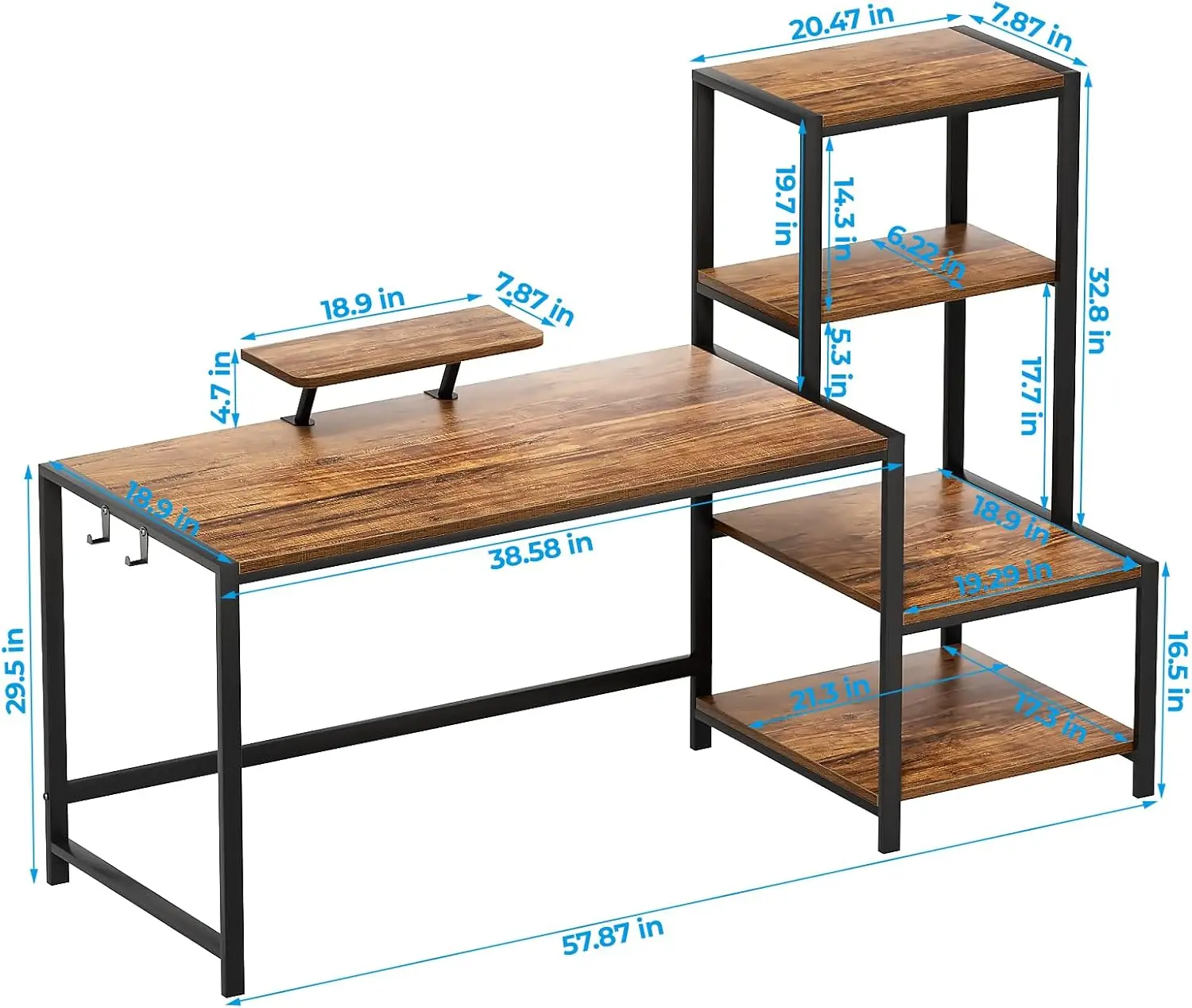 Meja Komputer 58 inci dengan Rak Printer, Meja Kantor Reversibel dengan Dudukan Monitor dan 2 Kait