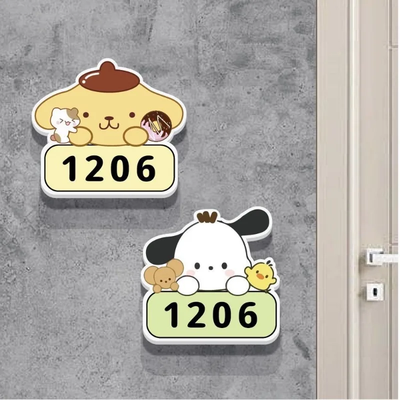 Sanrio süßes Kuromi Türschild Kawaii Anime Cinnamoroll Pompompurin Türdekoration Cartoon Türaufkleber Nummernschild Geschenk für Kinder