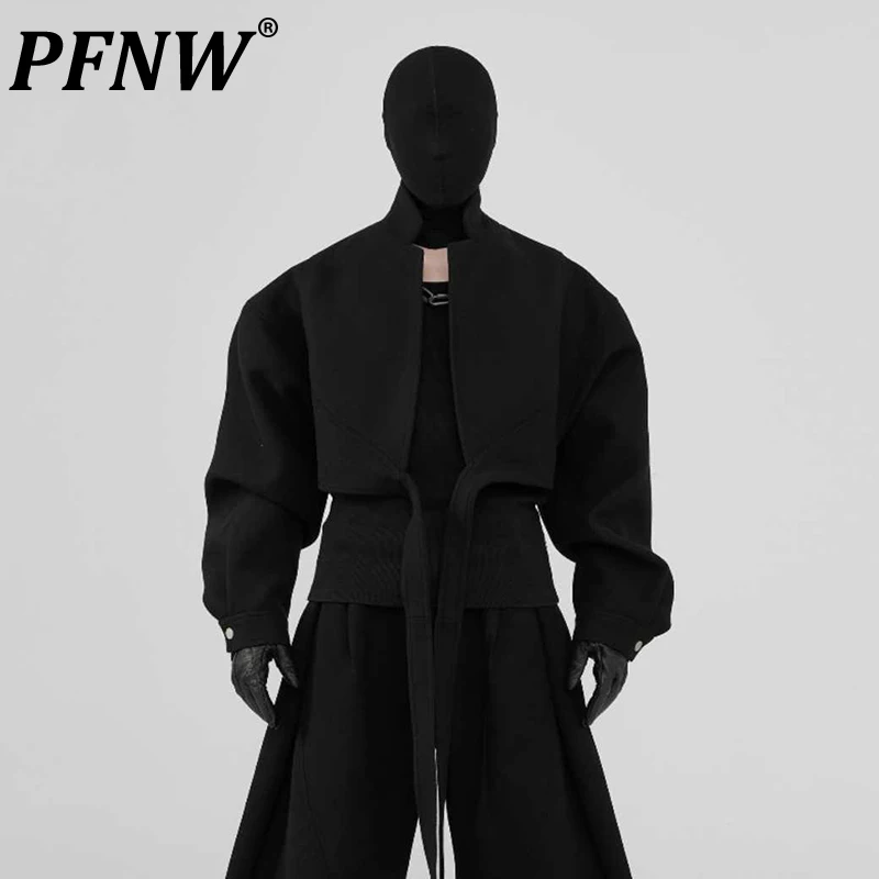 

PFNW Niche Design Strapped Woolen Coat For Men Loose Inverted Triangle Multi Cut Black Thicked Jacket Top Trendy New 12C1669