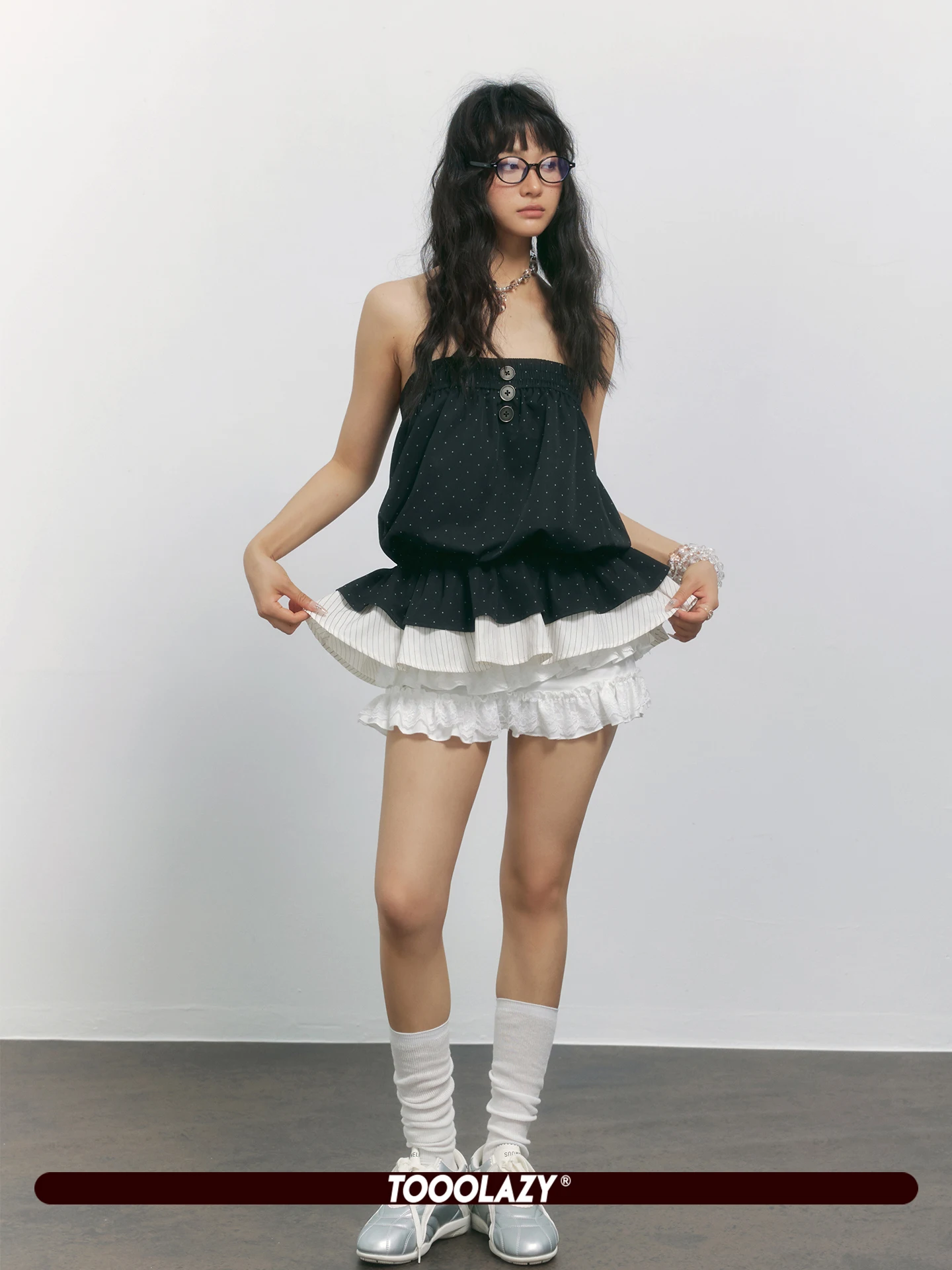 Sweet And Cool Black Polka Dot Ruffle Trim Tube Top T-Shirt Women's Patchwork Flared Skirt Hem Top Summer New Style Loose Fit...