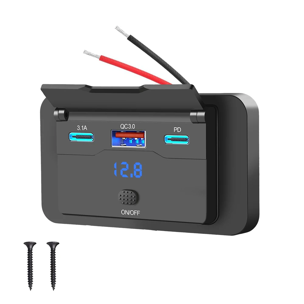 Dual PD Dual QC 3.0 USB-Autoladegerät 12 V RV USB-Steckdosenpanel 108 W Schnellladebuchse mit Schalter und Voltmeter für Bootsmotorräder