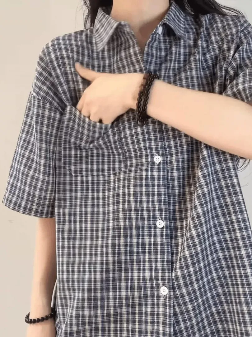 Summer New Retro Black White Plaid Short Sleeve Loose Casual Men's Women's Shirt Lazy Style Sun Protection Open Cardigan