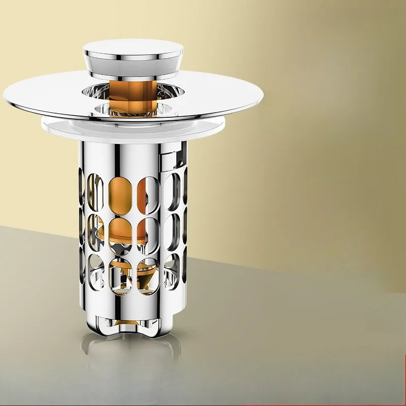 Universal Rebound Drain Plug Filter Basin Pop-up Chrome Sink Filter with Hair Catcher Bathroom Sink Drain Stopper Easy Push Type