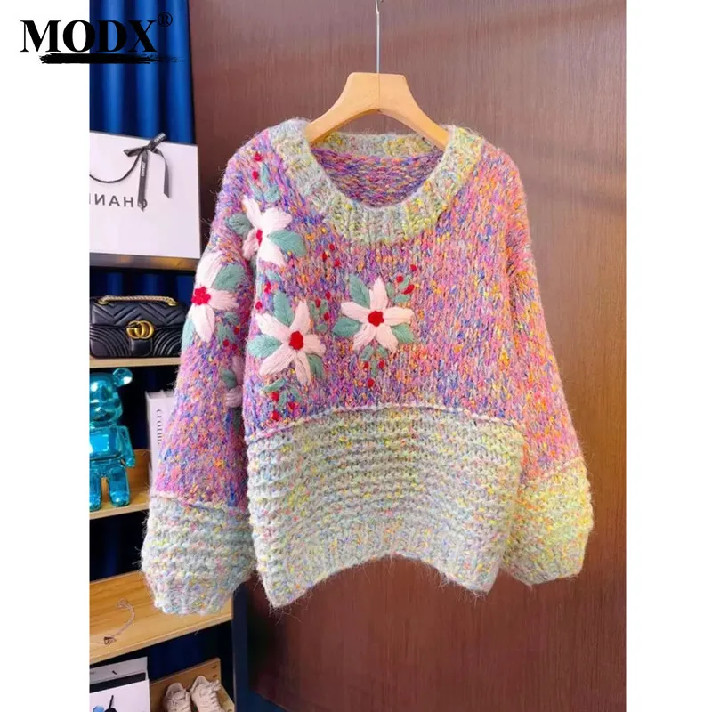 [MODX] Handmade Embroidery Stick Needle Thread Thick Women's Autumn And Winter Color Blocked Pullover Knitted Sweater