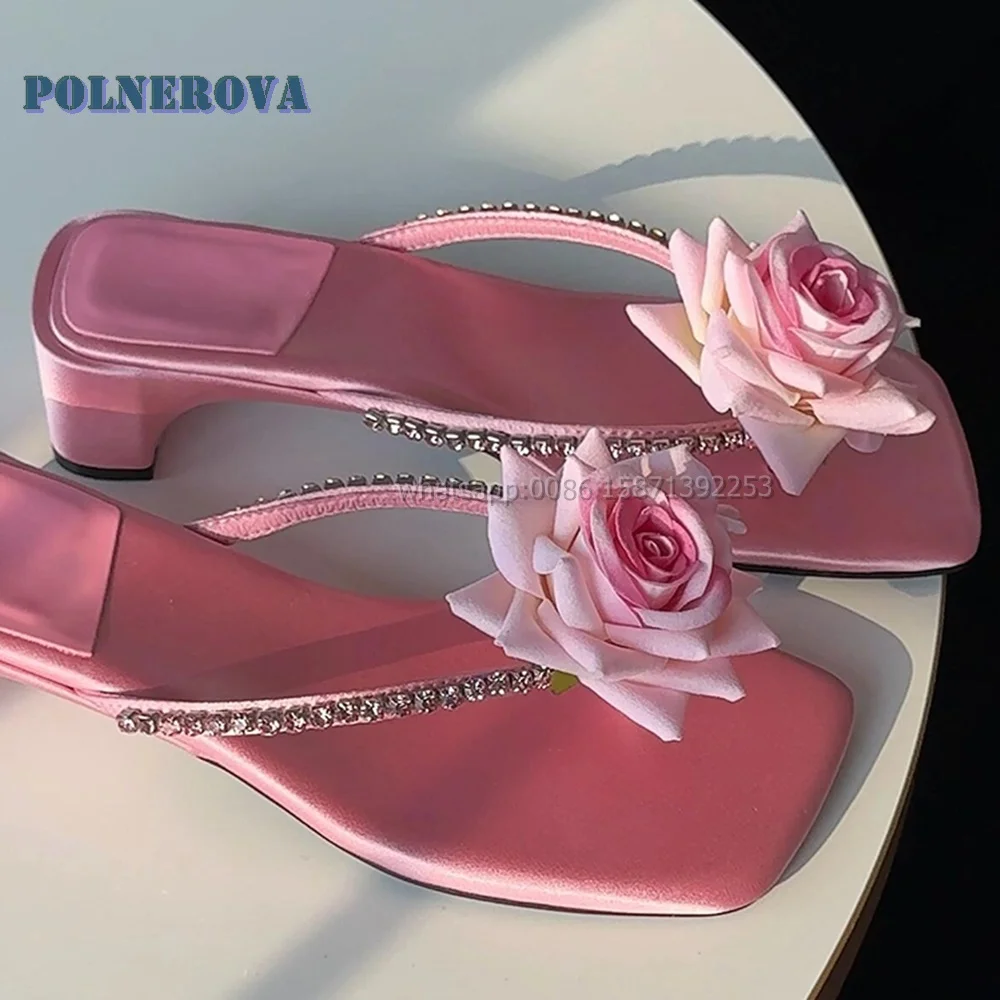 Flower Rhinestone Pink Flip Flops Square Toe Chunky Heels Side Air Slingback Patchwork Sandals Sexy Sweet Cool Style Shoes 2024