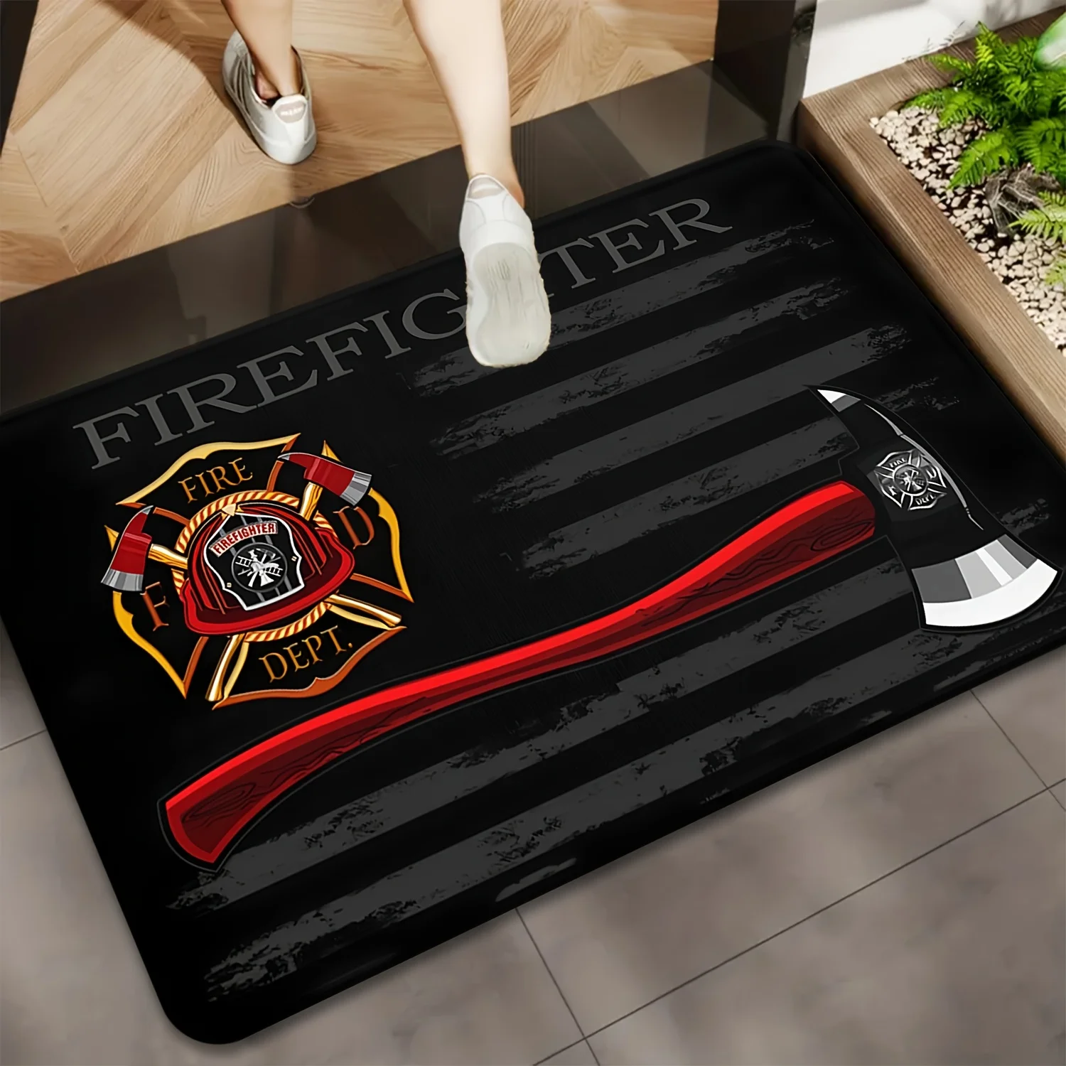Felpudo de bombero, alfombra de franela de grano de madera negra, emblema del Departamento de Bomberos, alfombra de puerta antideslizante lavable a máquina para decoración