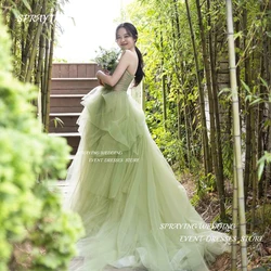 SPRAYING Elegant Green A Line Korea Wedding Dress Photoshoot Tiered Ruffles Soft Tulle Bridal Gown Strapless Customized 웨딩드레스