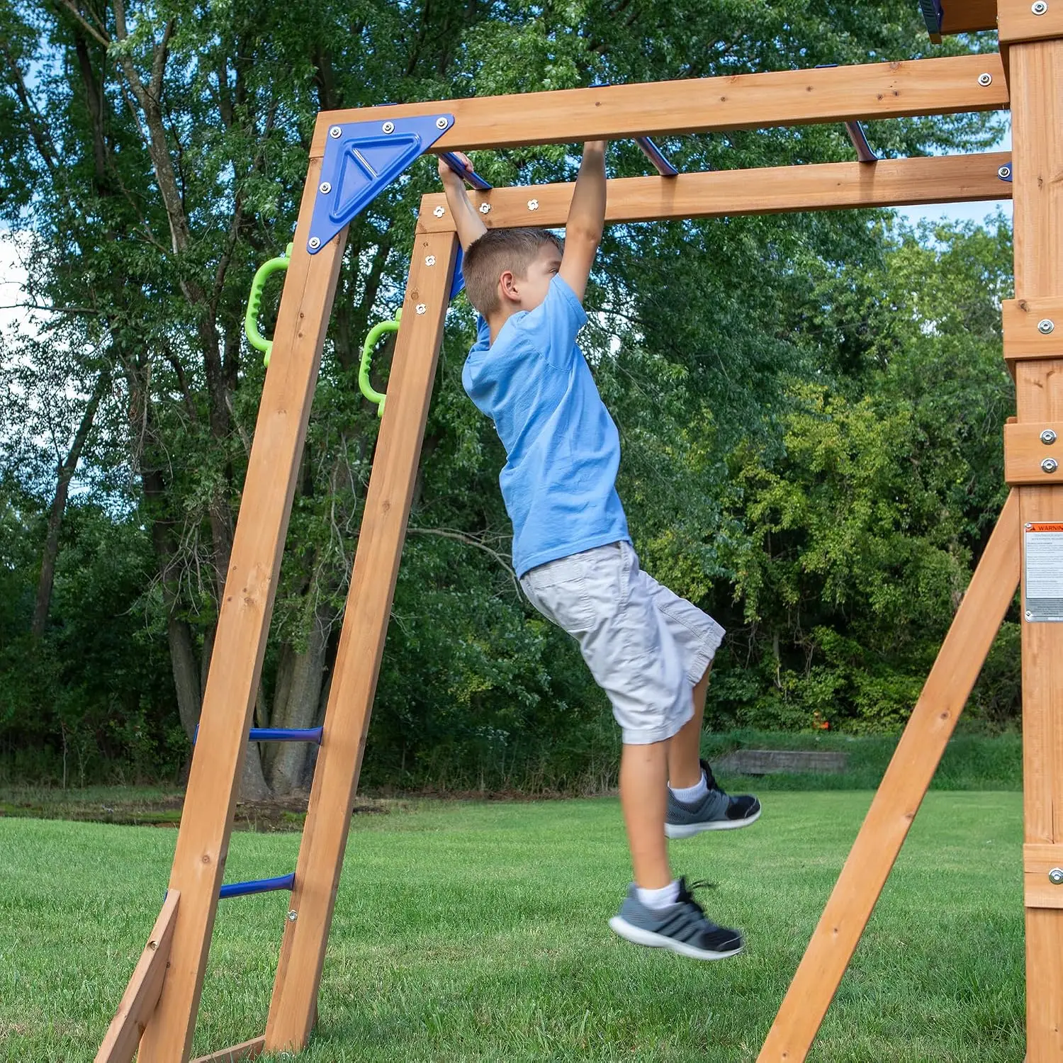 Beach Front Cedar Wood Swing Set with Wave Slide, Play Deck, Monkey Bars, Rock Wall Ladder, Shaded Picnic Area, Snack Bar, Belt