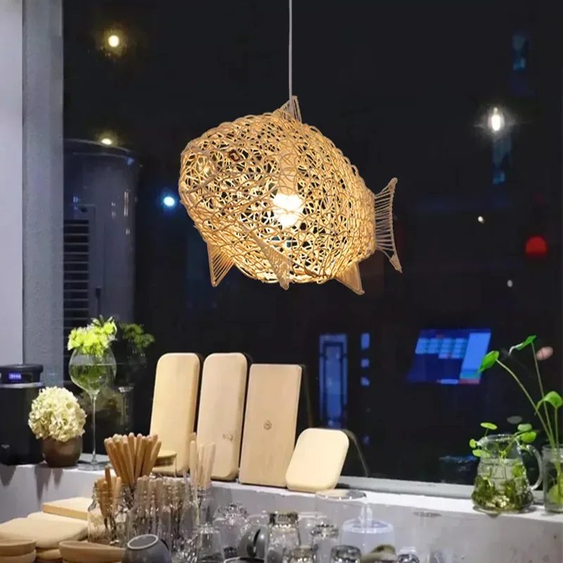 Modern Simple Rattan Fish Chandelier Restaurant Personality Creative Hand-woven Fish-shaped Lamp