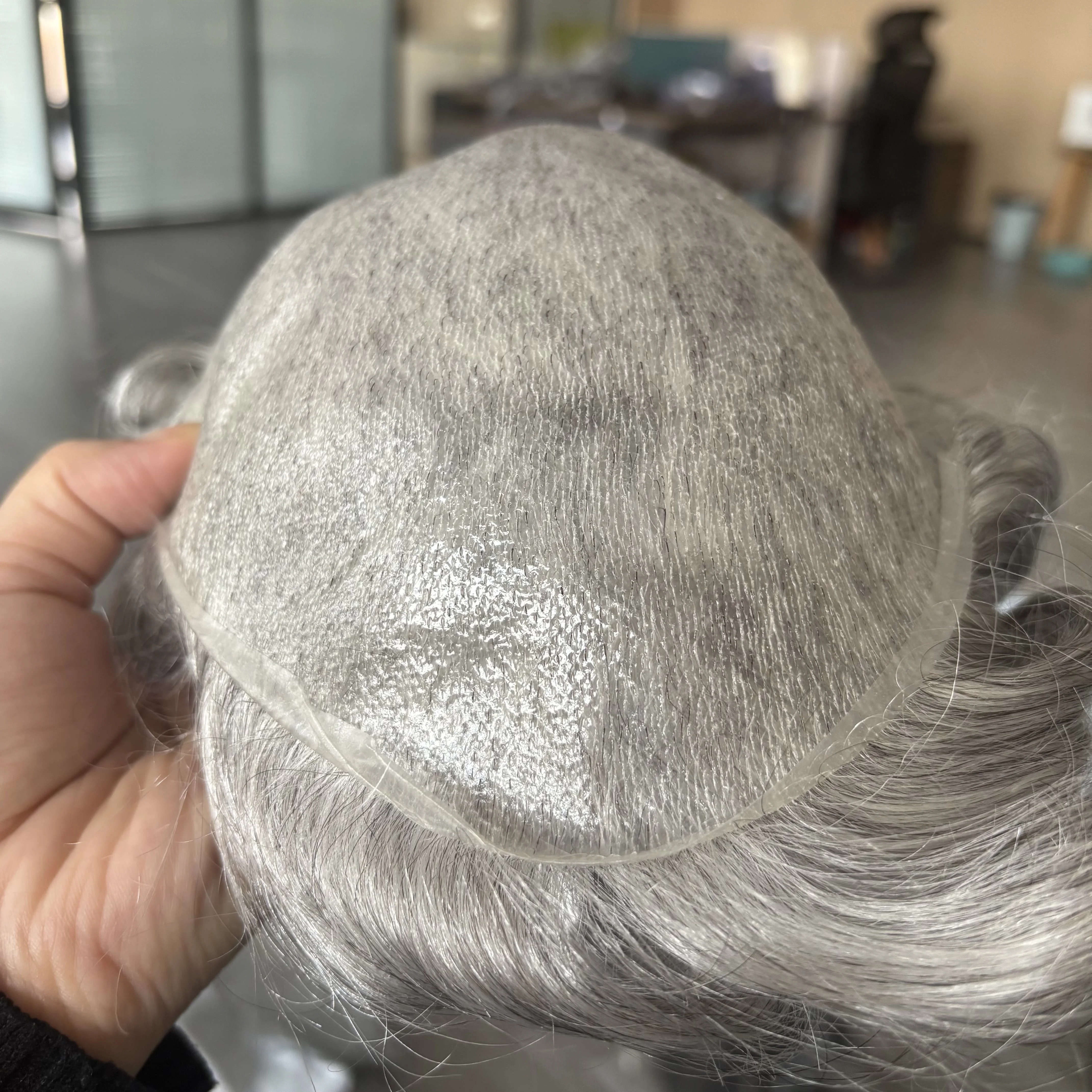 마이크로 슈퍼 씬 0.02mm 스킨 베이스 # 1B65번 # 420 브라운 회색 머리 남성 부분 가발 100% 인모 모발 보철 헤어피스