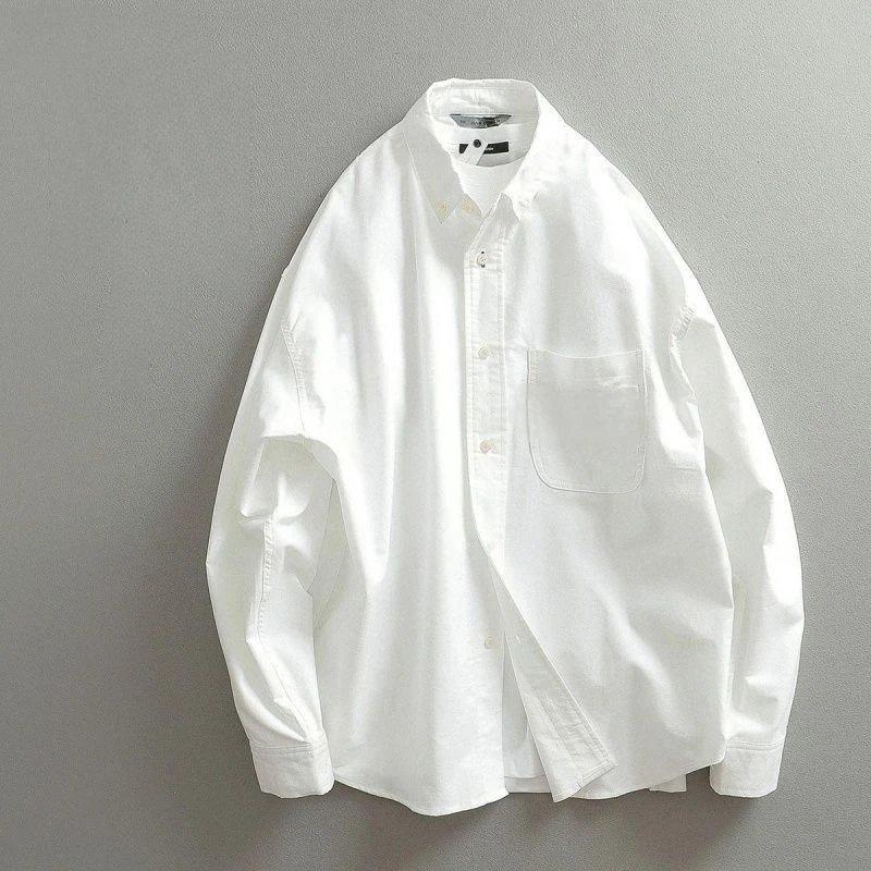 Spring Season Men's Long Sleeve Oxford Cloth Shirt Retro Patchwork Minimalist Workwear Washed Cotton Wide Leg Fashionable Cas...