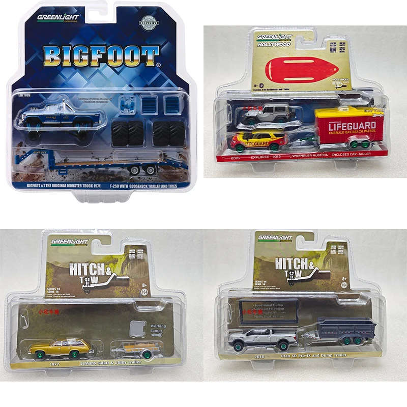 

Greenlight 1:64 F-250 Monster Gooseneck Trailer Monster Truck Explorer The Wrangler Alloy Die Casting Model Collect Ornaments
