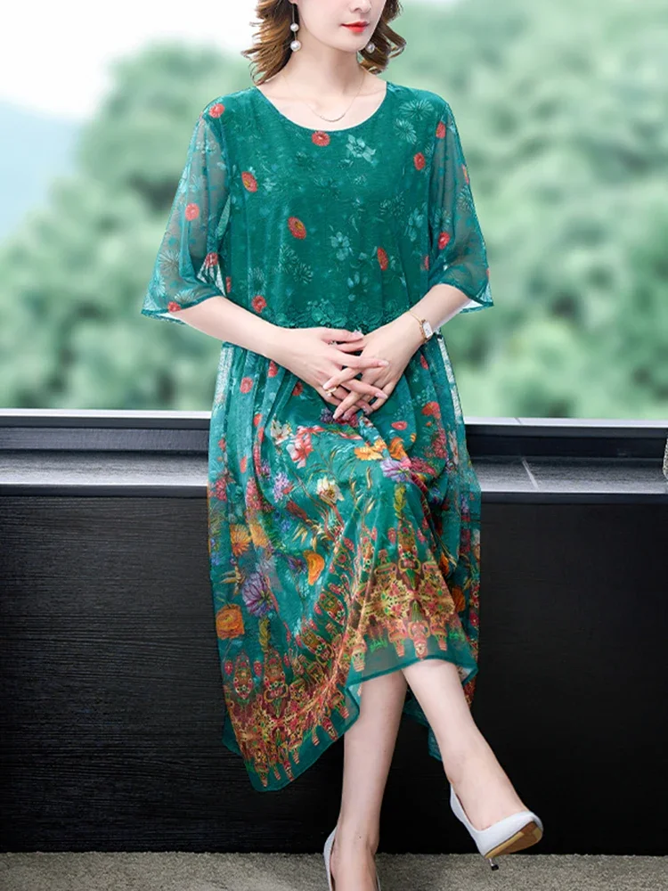 

Женское фиолетовое свободное эластичное платье миди с цветочной сеткой, женские корейские винтажные повседневные платья 2025 года, новый шикарный элегантный вечерний халат