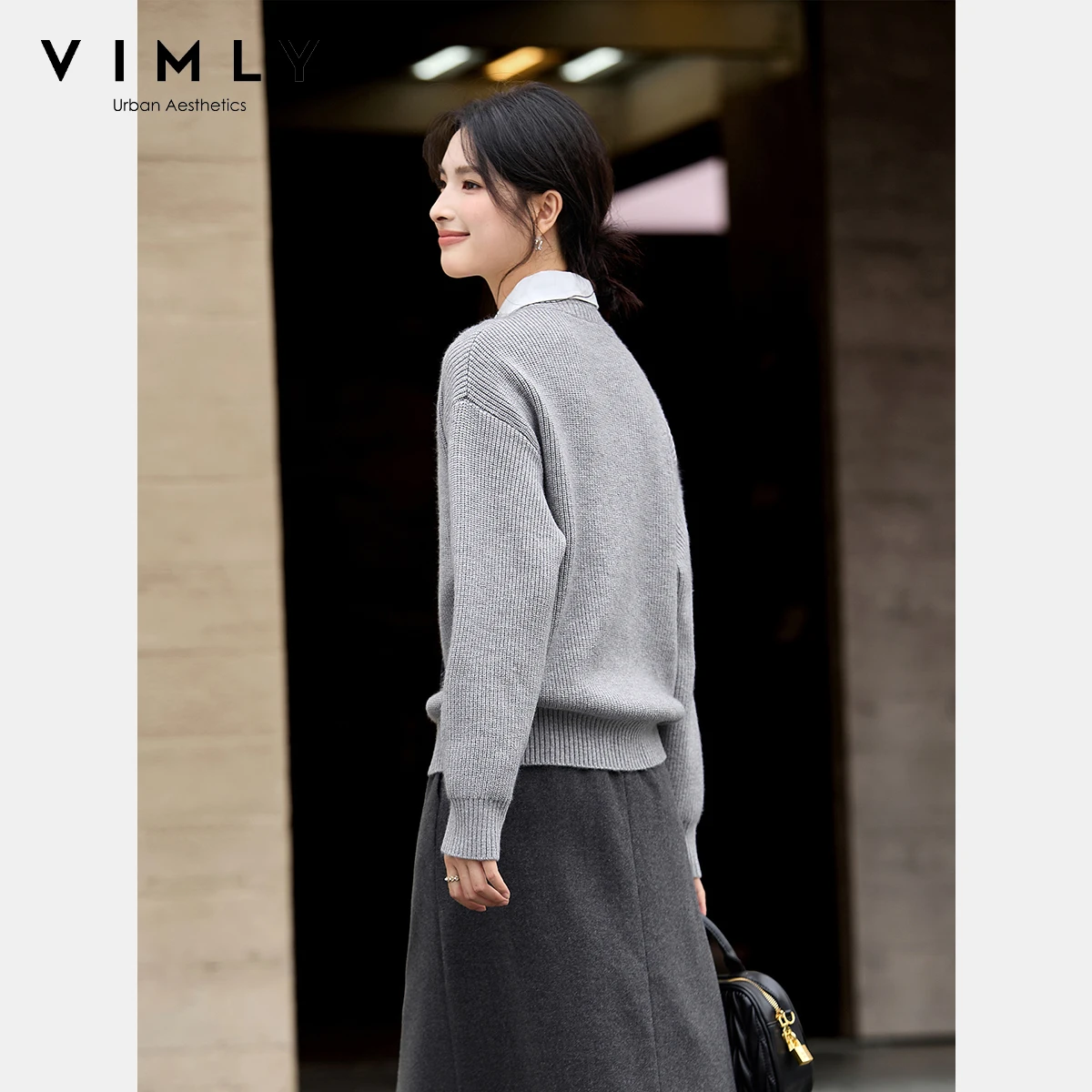 Vimly outono 2025 moda mulher nova malha cinza pullovers estilo preppy retalhos 2 em 1 camisola turn-down neck senhoras jumpers 75082
