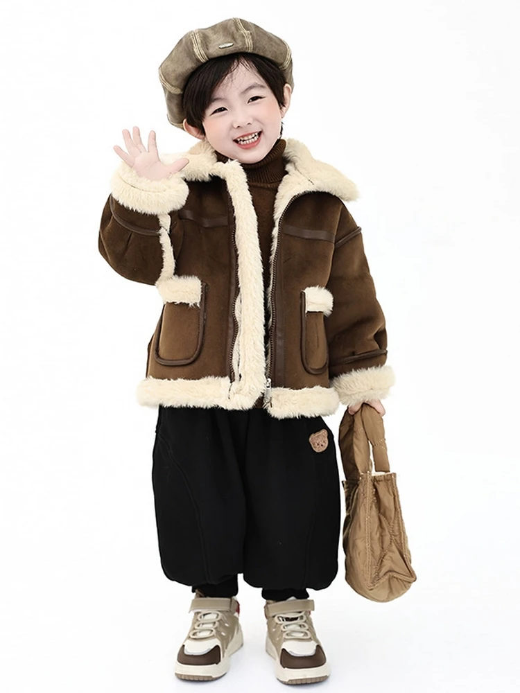 

Утепленная куртка из искусственного меха для мальчиков, осенне-зимняя одежда в корейском стиле, детское зимнее пальто, теплое молодежное пальто с длинными рукавами