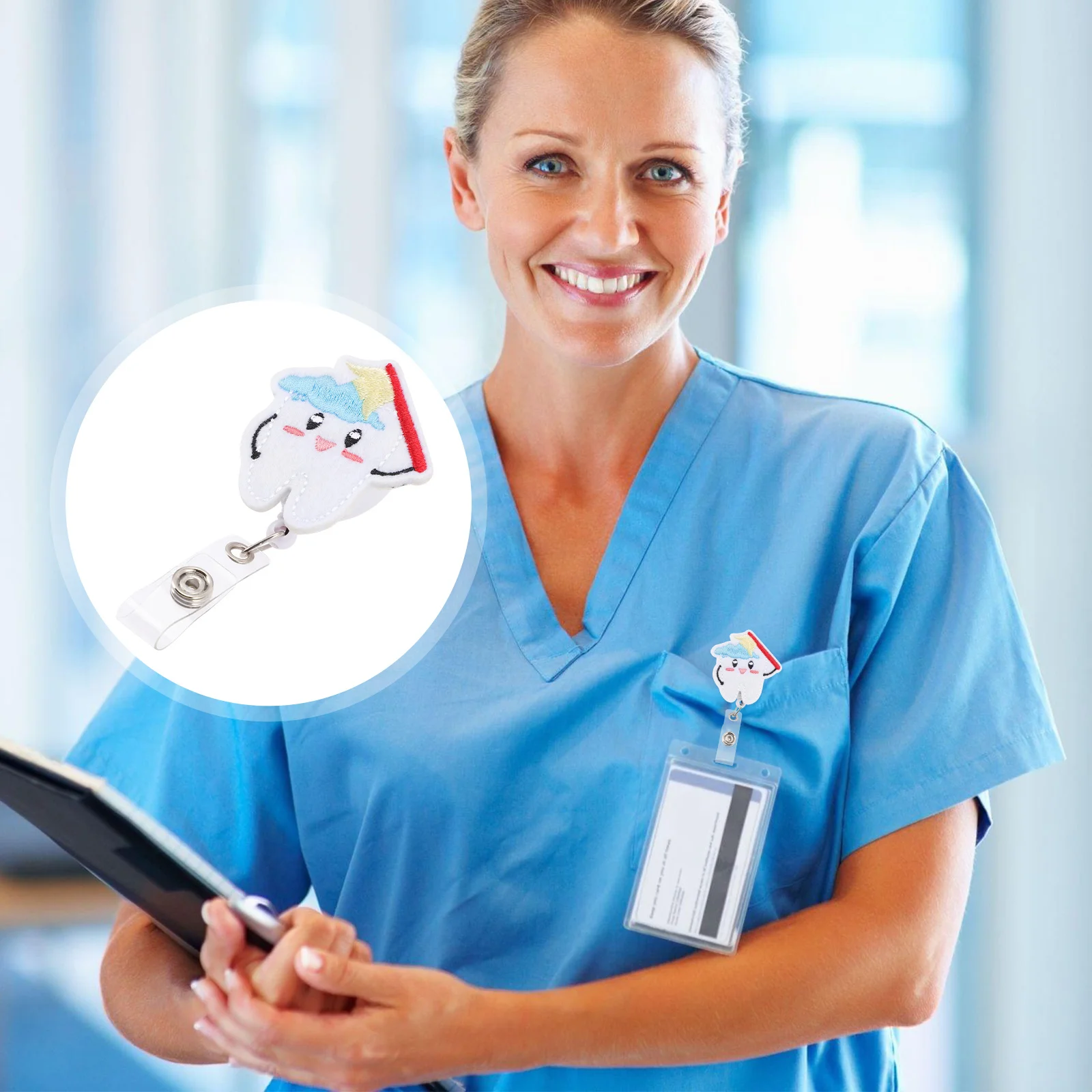 Retractable Badge Holder Cute Felt Teeth Design Id Reel Clip on for Pocket Collar Bag Name Badge Holder Accessory