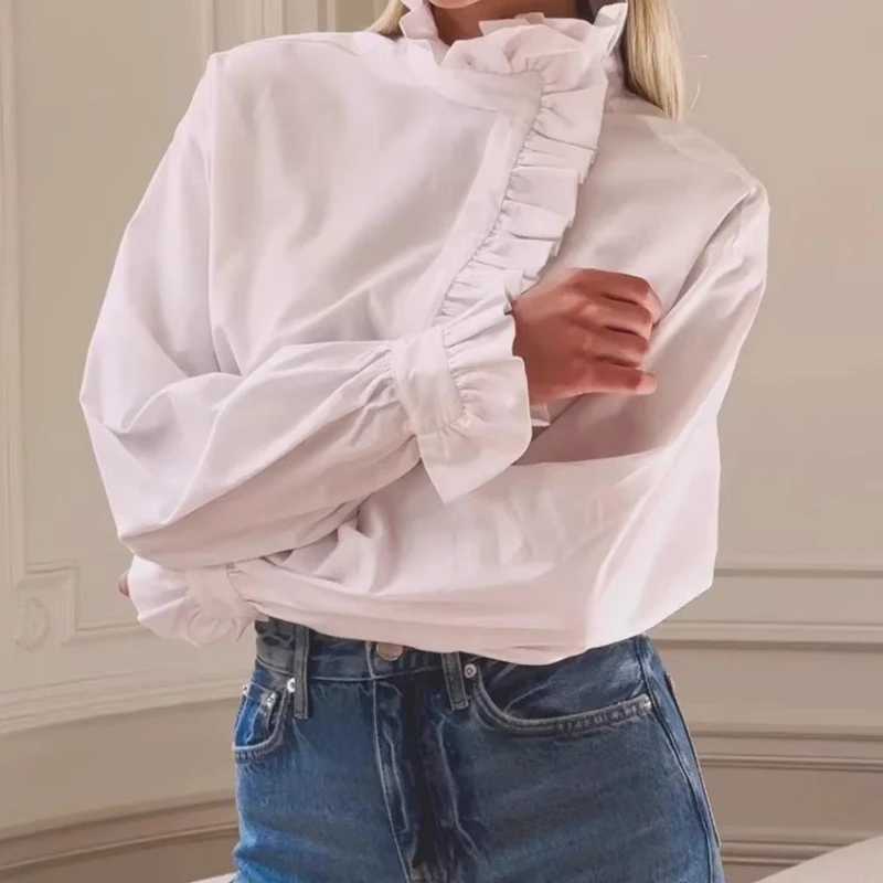 

Женская асимметричная блузка с воротником-стойкой, рюшами и стильным дизайном, офисный топ с длинным рукавом, весна-лето 2026