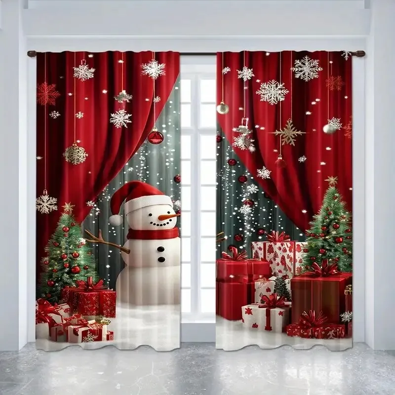 2PCS Digital Print Curtain, Snowman with Christmas Tree and Gift Boxes, Red Curtains and Snowflakes, for Home Window Decoration
