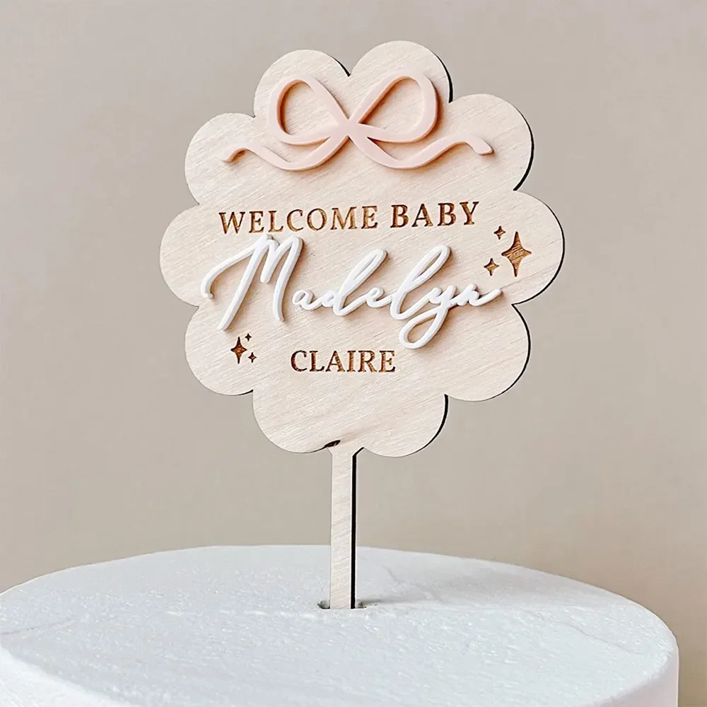 Personalized Name Bow Baby Shower Cute Baby Shower Cake Decoration Bow Theme Party Shower Baby Name Plaque Suitable for Girls