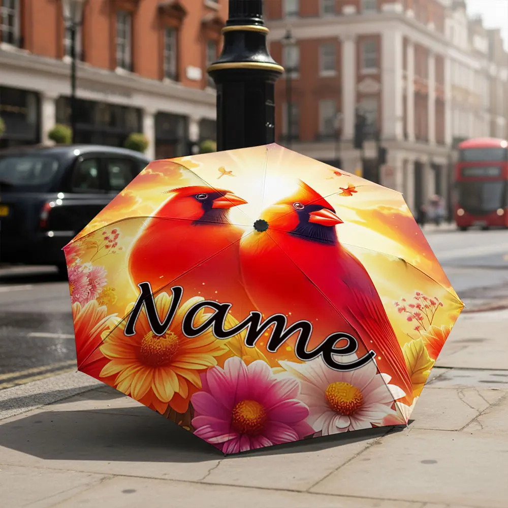 Custom Name Umbrella Pair Of Red Cardinal Birds Sunlight Floral Print Folding Umbrella, Portable Travel Parasol For Men Women