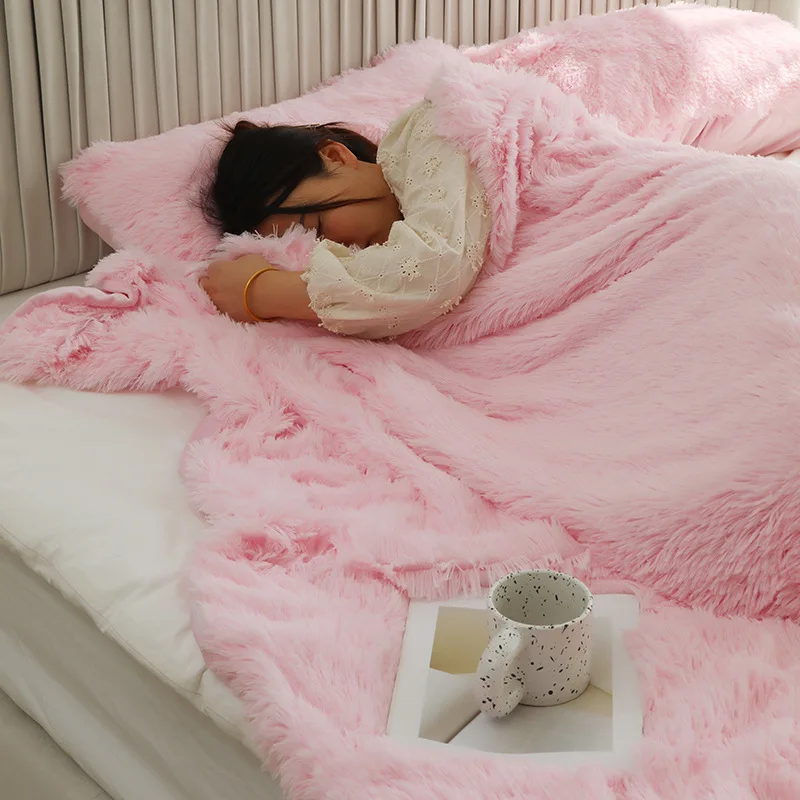 Pink Fluffy Faux Fur Throw Blanket Soft Plush Fuzzy Sofa Couch Decor Wedding Photo Prop Cozy Warm Nap Blanket Gift