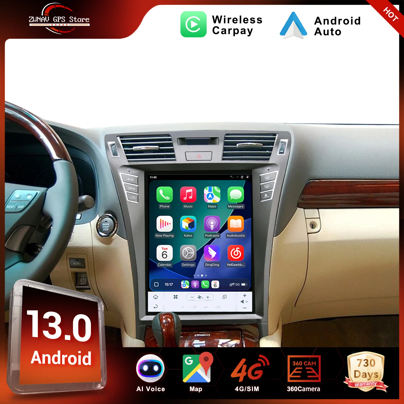 

Автомобильный мультимедийный плеер CarPlay, автомагнитола для Lexus LS460, GPS-навигация, 2006-2012, 12,1-дюймовый вертикальный экран, Qualcomm Android 13