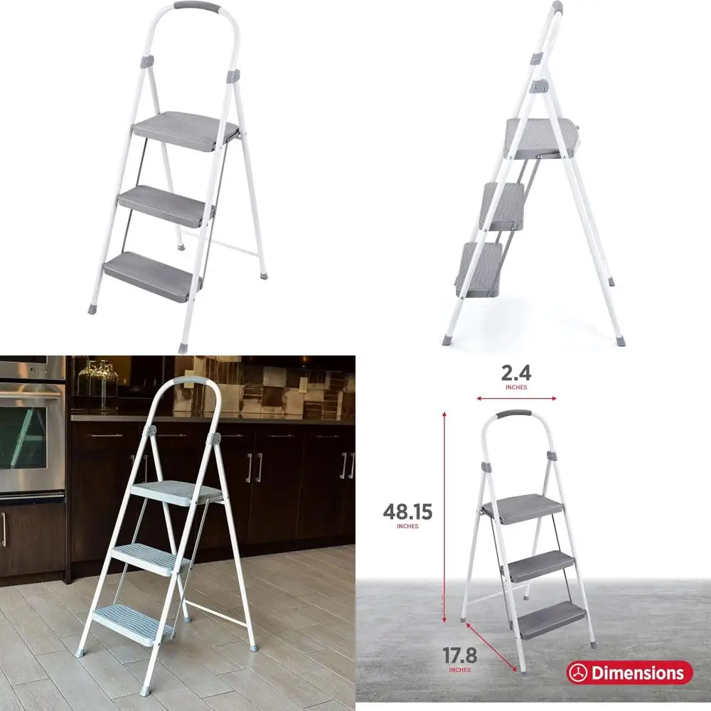 

white steel folding 3-step stool with handrail for easy access