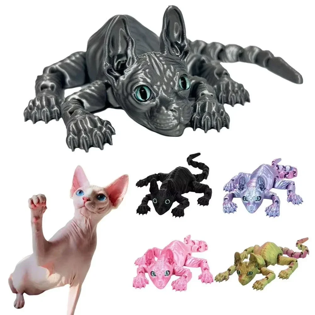 2025 Hot 3D Printed Sphynx Cat Realistic Hairless Cat Figurine Cute Mini Desk Toy Articulated Fidget Toys for Lovers Home Decors