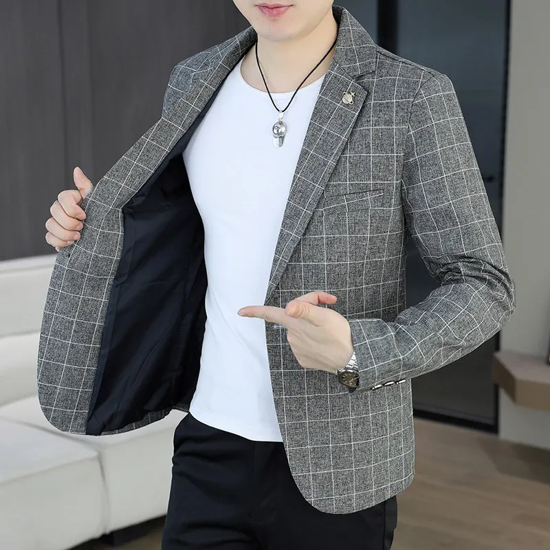 

Men's Plaid Suit Slim Fit Casual Single-Breasted Faion St Spring Autumn Polyester Fiber Long Sve Regular Length
