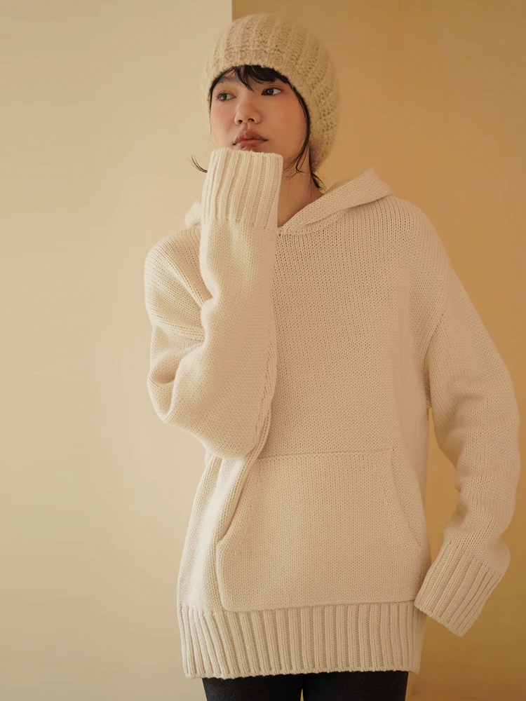 

Зимний шерстяной вязаный свитер Hacikis с шапкой, повседневный, свободного кроя, с эффектом омоложения, с длинными рукавами, женский модный топ