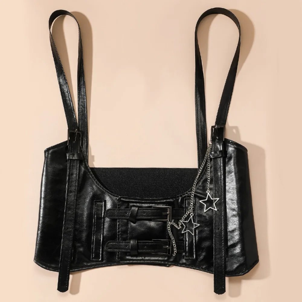 

Personality PU Leather Suspenders Elastic Cummerbunds High Waist Adjustable Wide Belt Dress Girdle Tie Rope Waist Corset Ladies